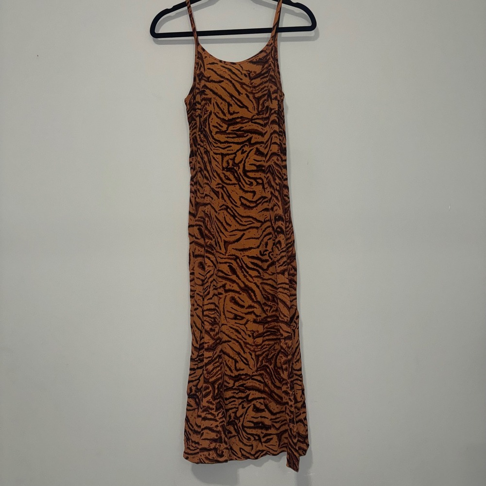 Tiger Stripe Animal Print Midi Slip Dress Brown Orange Sleeveless Scoop Neck
